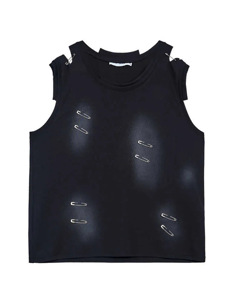 Men's black waistcoat vest with ripped irregular cutting piece design and round neck collar