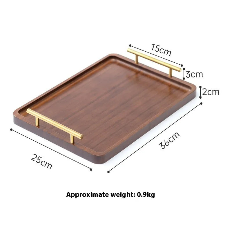 Square bamboo serving tray with brown handle for commercial food service