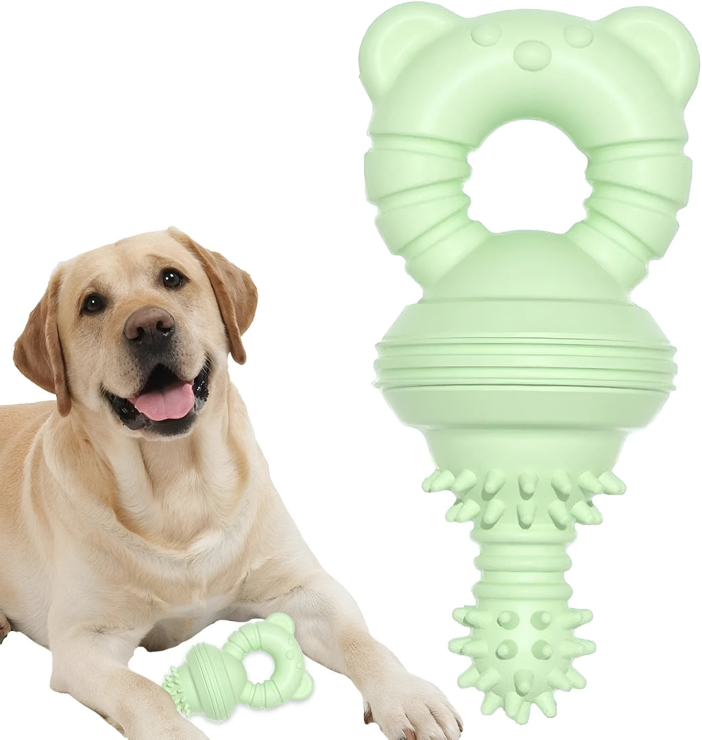 Blue rubber dog chew toy with textured surface for teeth cleaning, shown next to a tape measure.