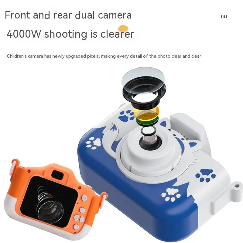 Blue HD cartoon children's digital camera with compact design on a lanyard.