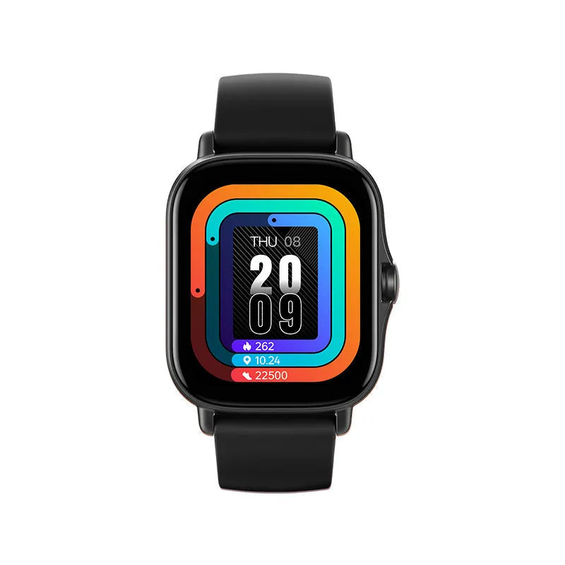 GT20 smartwatch with black alloy case and silicone band showing 1.75-inch touch screen display