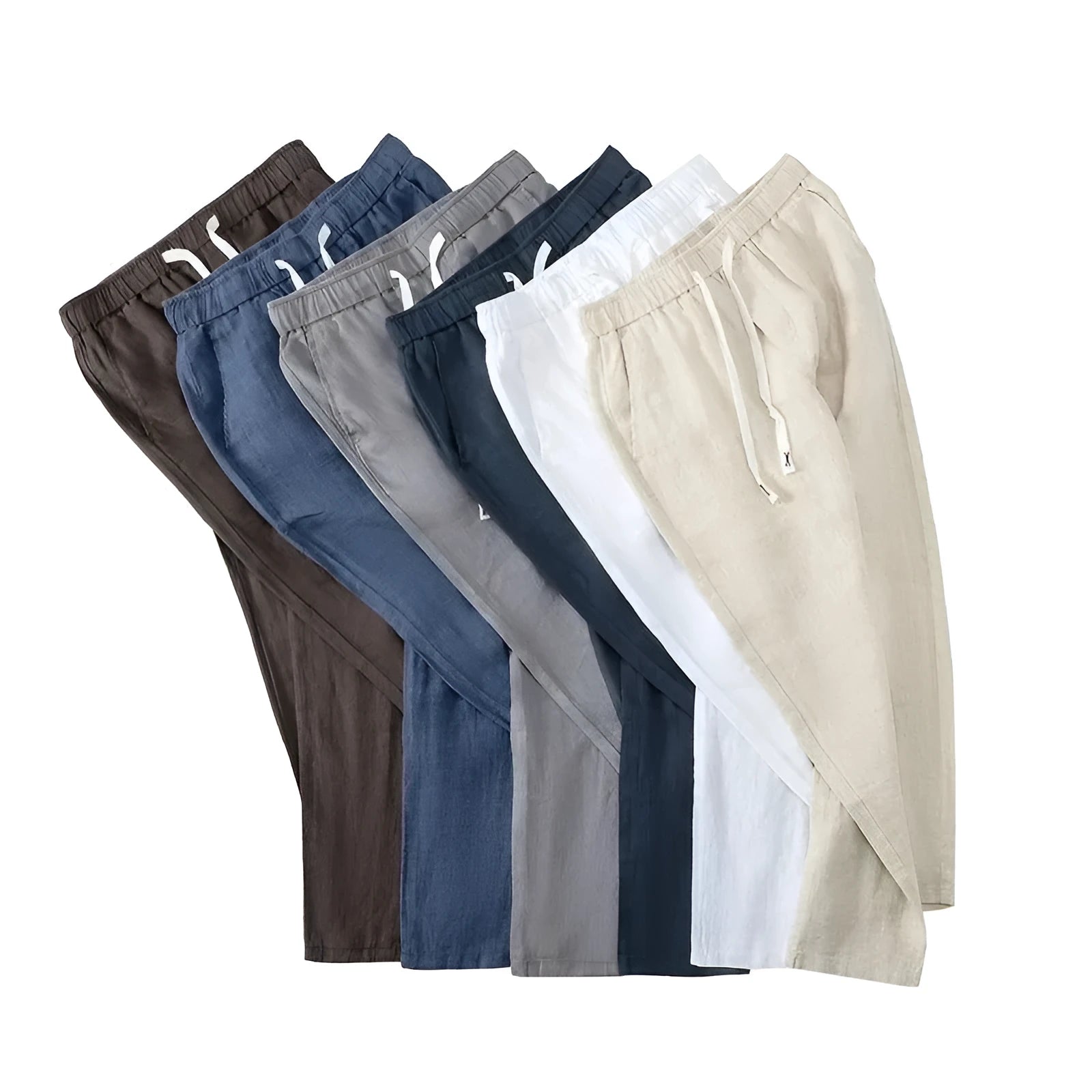 Pure linen Chinese style trousers with elastic waistband in straight leg silhouette