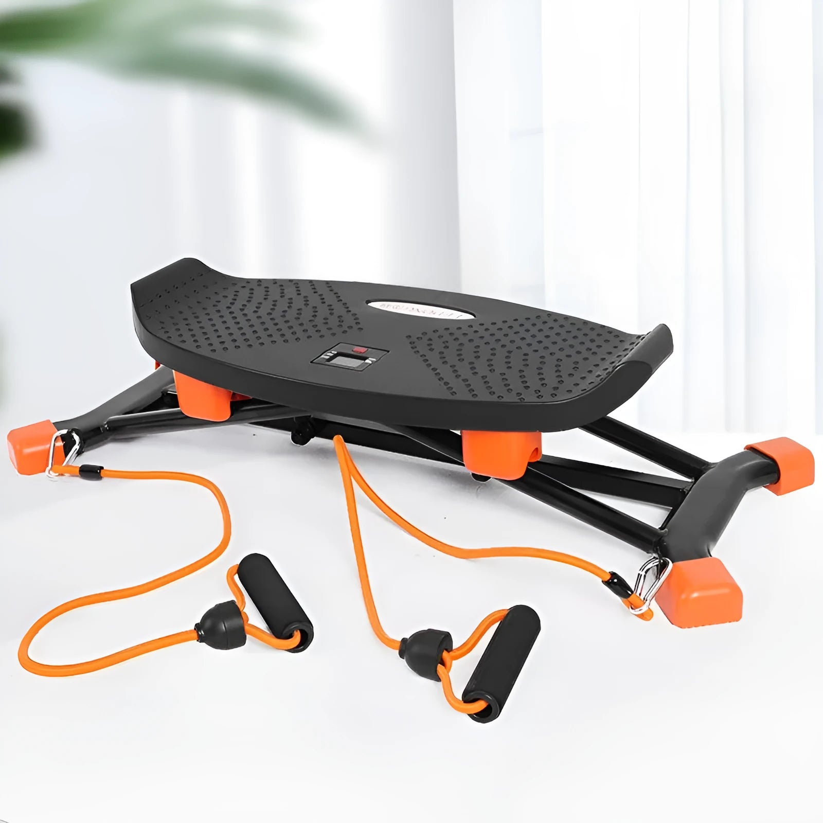 Black mini fitness skiing machine JS101A with elastic hand straps for home exercise
