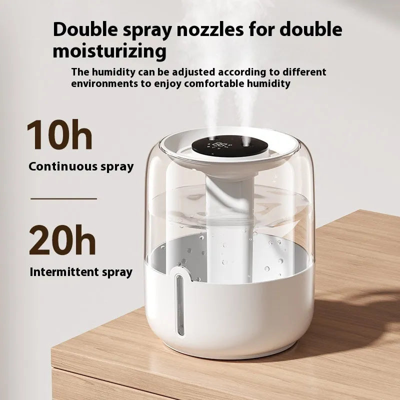 Beige round USB-powered humidifier with dual spray mist outlets and a digital humidity display.
