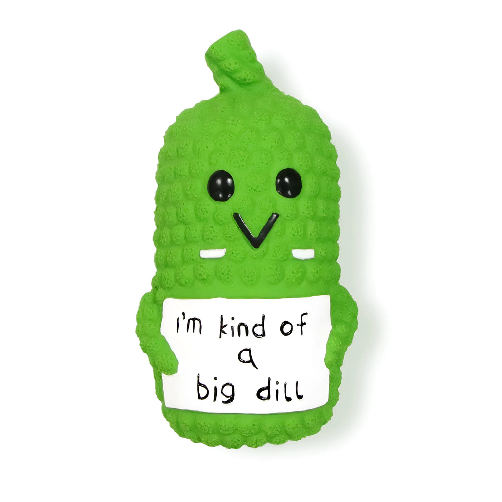 Green latex pickle-shaped dog squeaky toy with a textured surface.