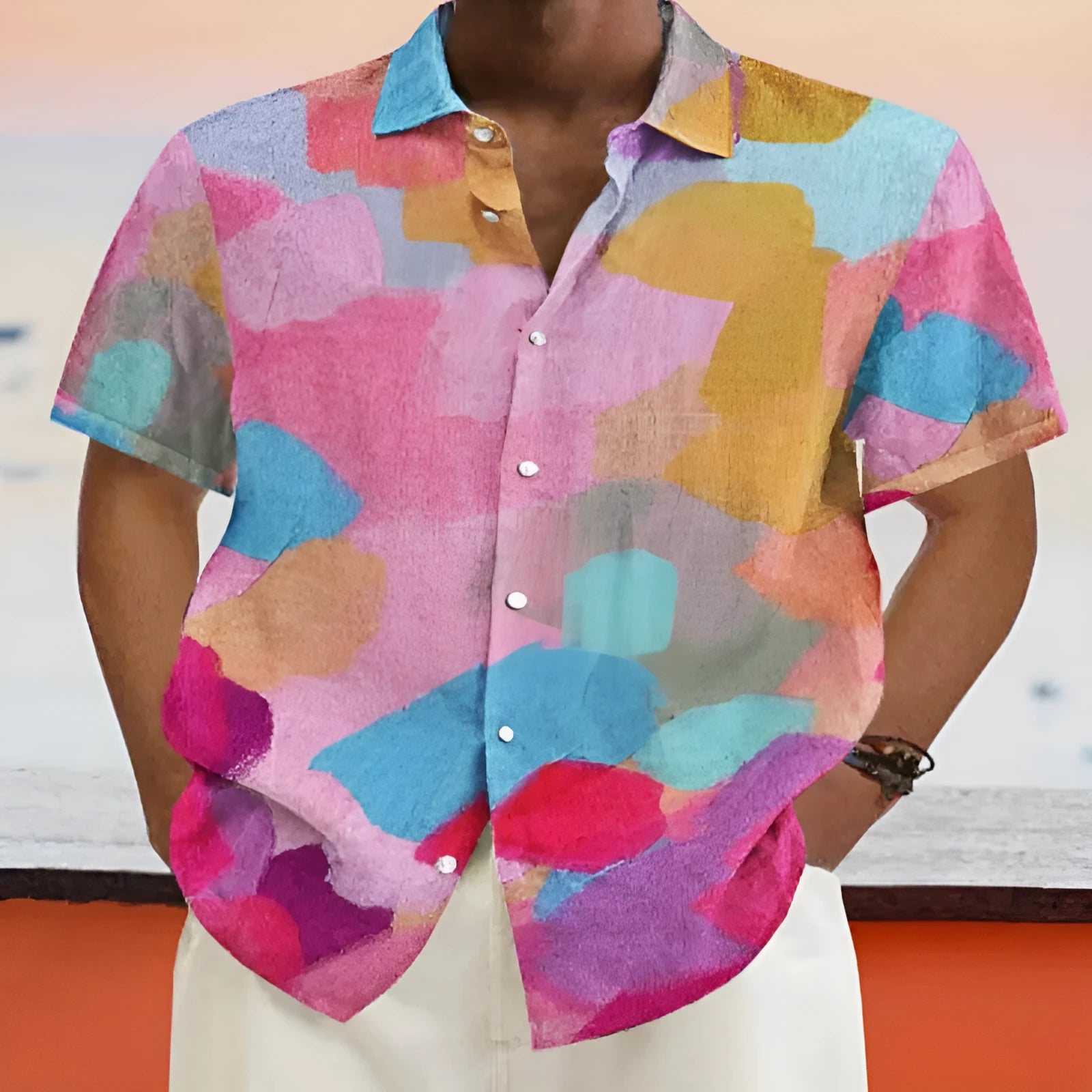 Hawaiian style short sleeve cardigan with stand collar showing 3D printed pattern on elastic polyester fabric