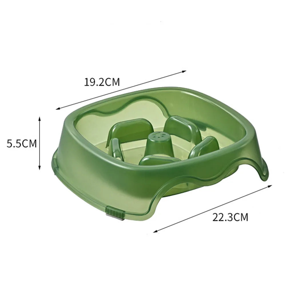 Plastic dog slow feeder bowl with anti-choking ridges in blue, grey, green, and orange colour options