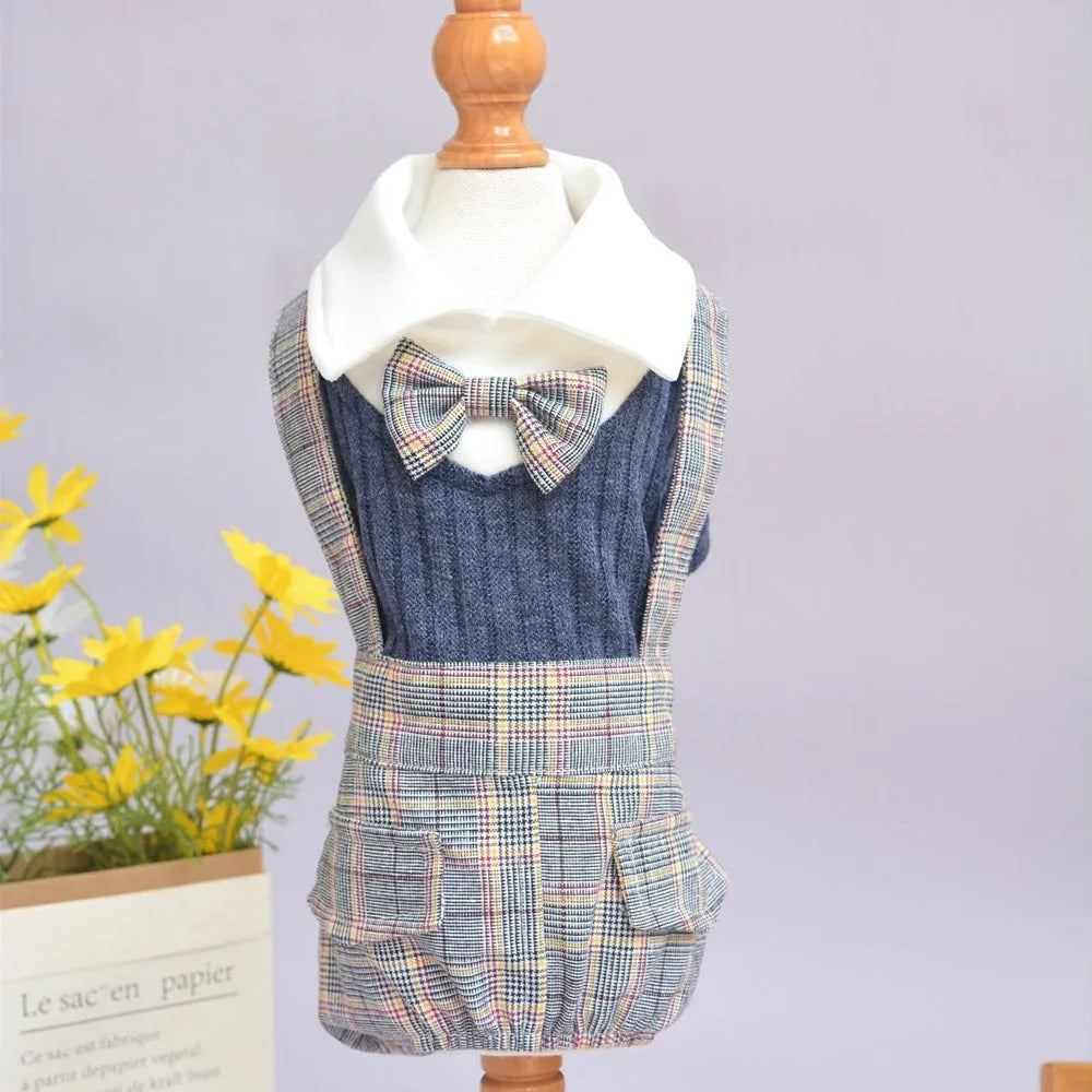 Dark blue cotton dog shirt for small dogs showing size label and fabric texture