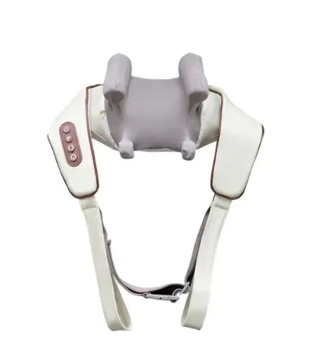 Creamy white rechargeable shoulder and neck massager with infrared physiotherapy function and USB charging cable