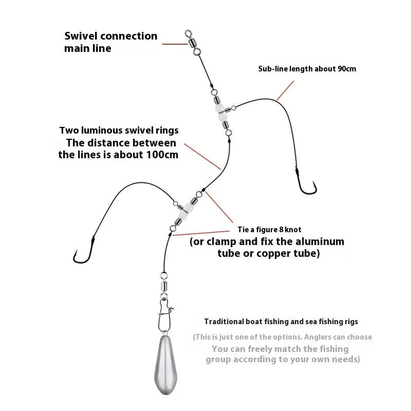 Copper luminous three-fork swivel fishing beads with eight-ring T-type balance construction