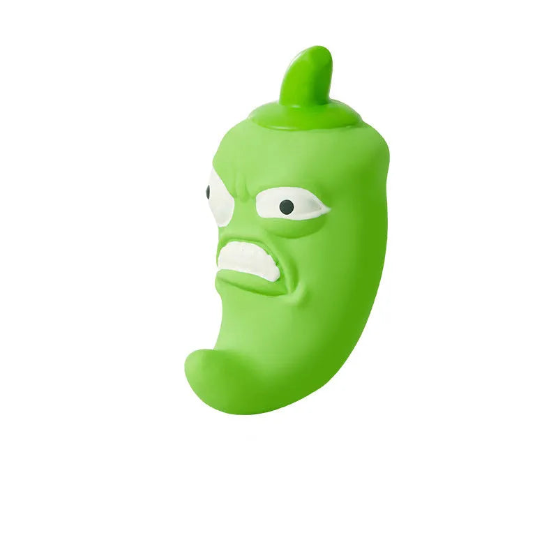 Bitter melon and chili shaped dog chewing toys with textured surfaces for dental cleaning