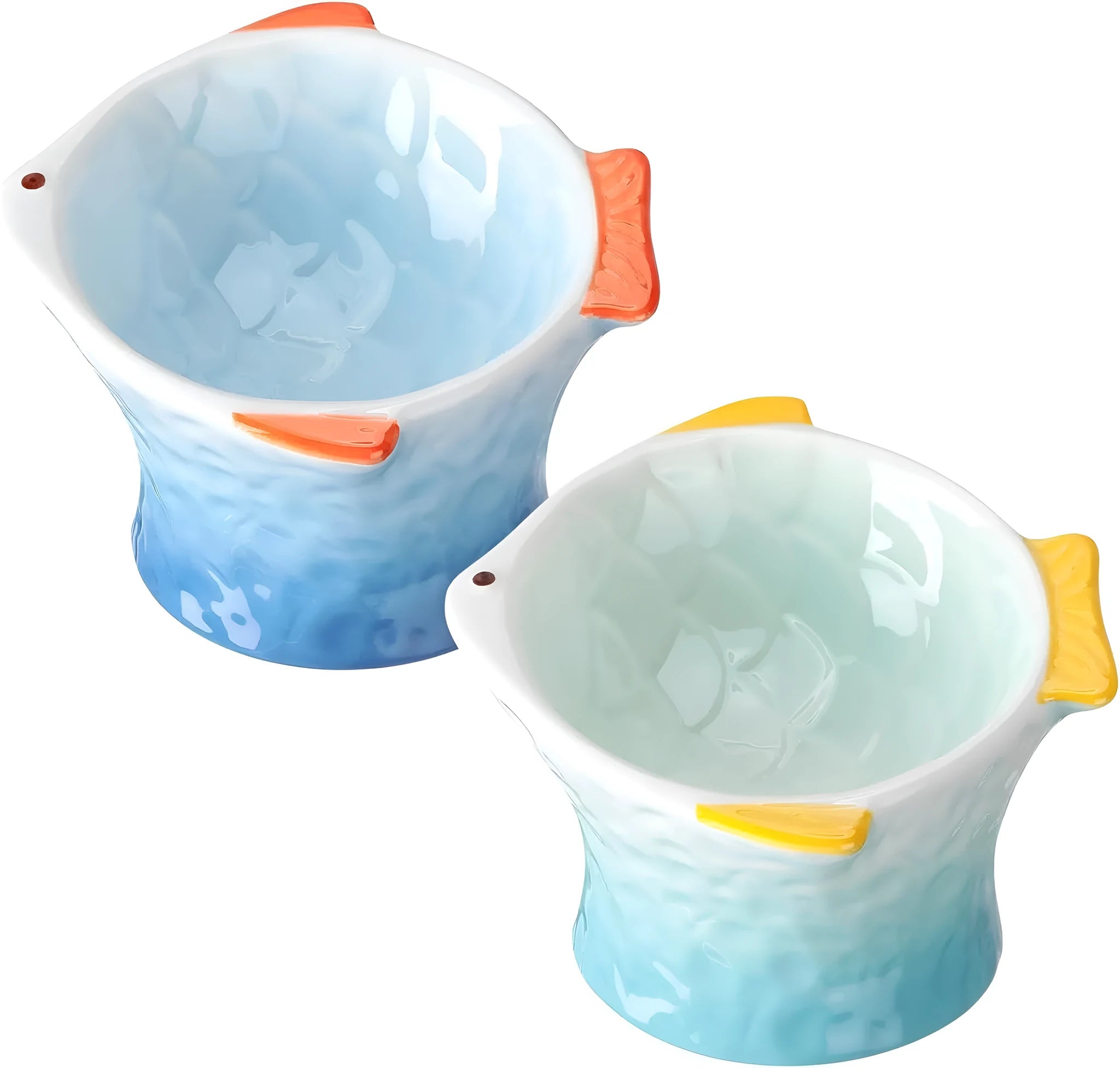 Blue fish-shaped ceramic cat bowl with tilted angle and elevated sides on a white background.