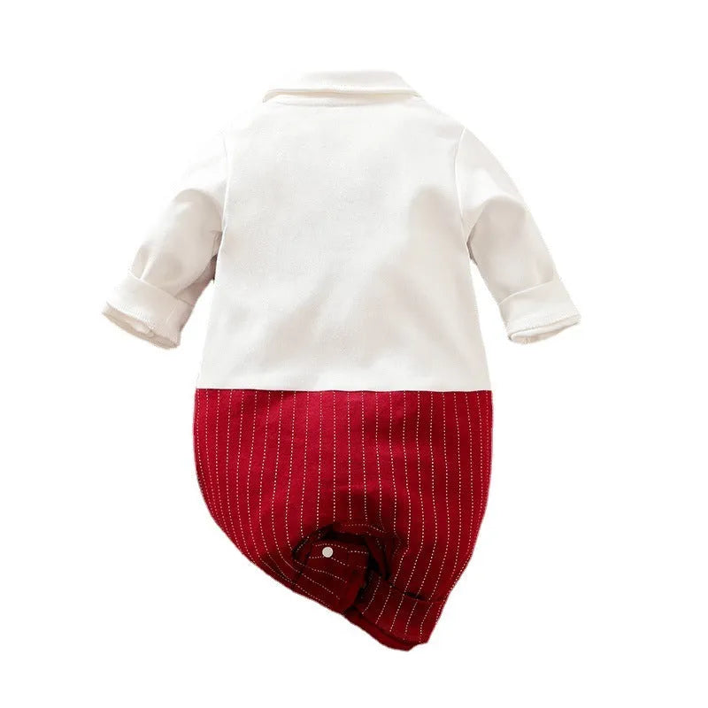 Wine red cotton baby boy romper with long sleeves and single-breasted closure.