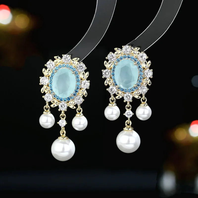 Oval geometric zircon inlaid pearl tassel earrings in copper with colour options