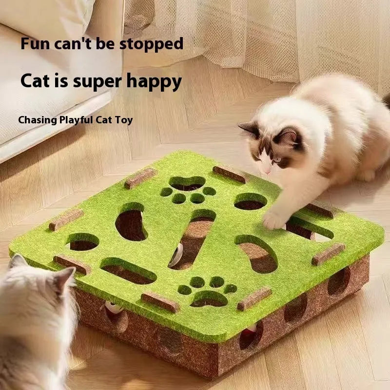 Green brown wool felt cat scratching toy box measuring 30cm with a hole in the centre.