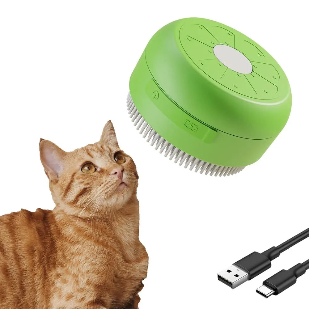Green and yellow rechargeable silicone steam brush for grooming cats and dogs on a white background.