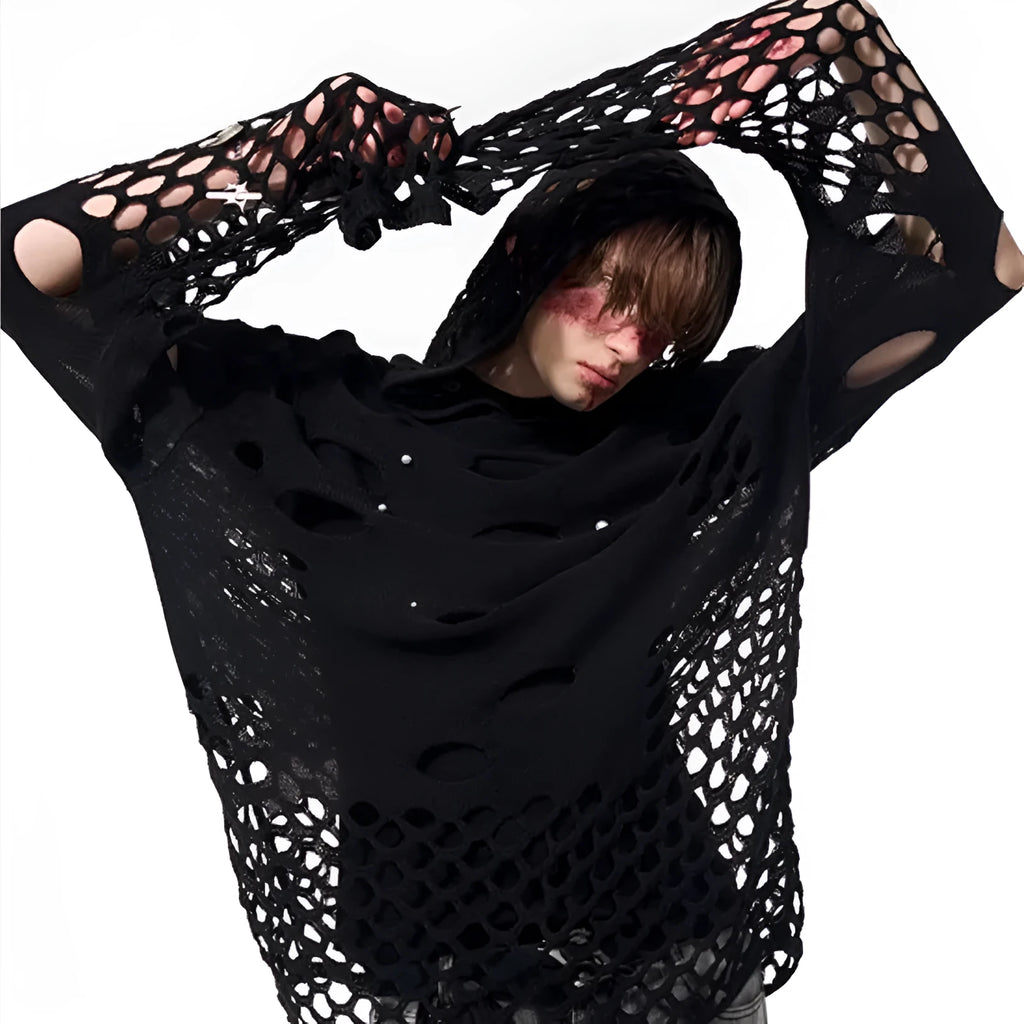 Black men's hooded sweater with pearl decoration, loose fit pullover hoodie