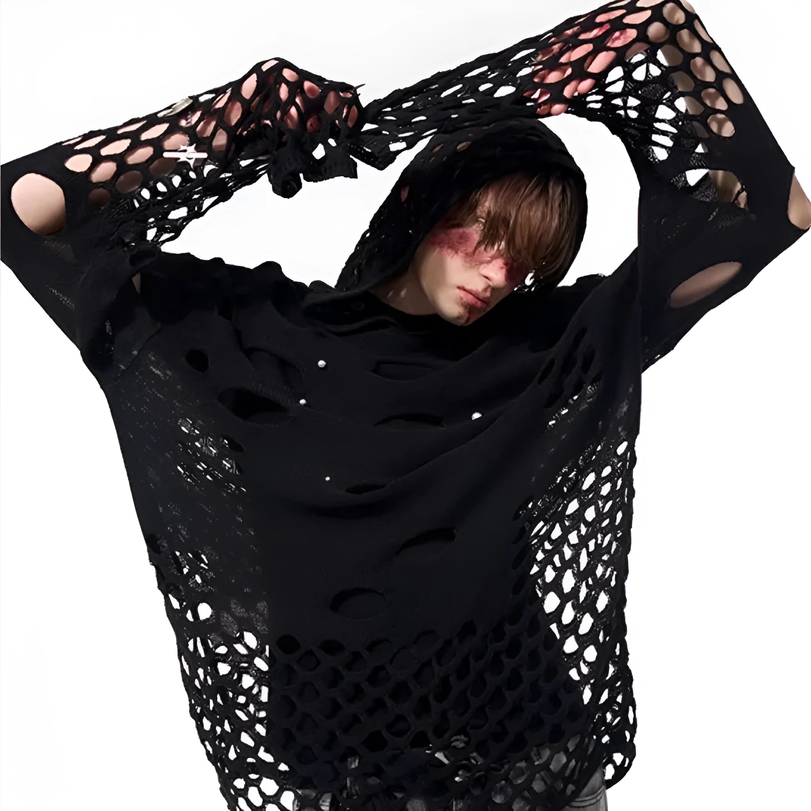 Black men's hooded sweater with pearl decoration, loose fit pullover hoodie