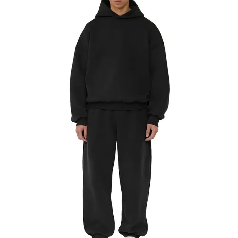A grey men's fleece-lined cotton hoodie sweatshirt with a hood and long sleeves.