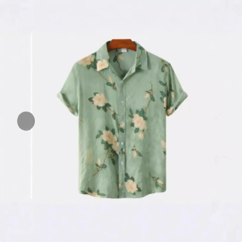 Hawaiian floral print short sleeve shirt with lapel collar in elastic polyester fabric