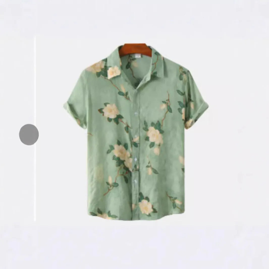 Hawaiian floral print short sleeve shirt with lapel collar in elastic polyester fabric