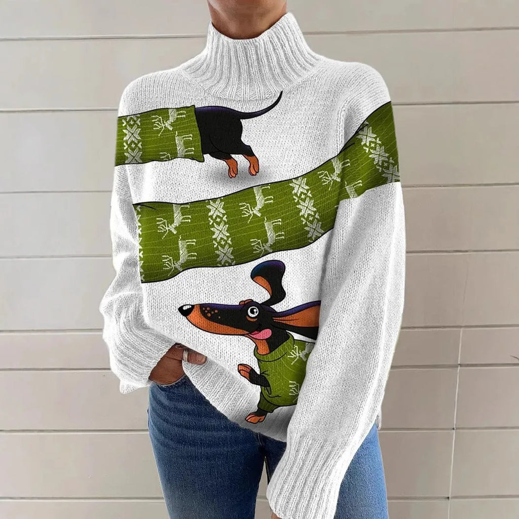 Women's loose-fit Christmas printed turtleneck sweater in macaron colours.