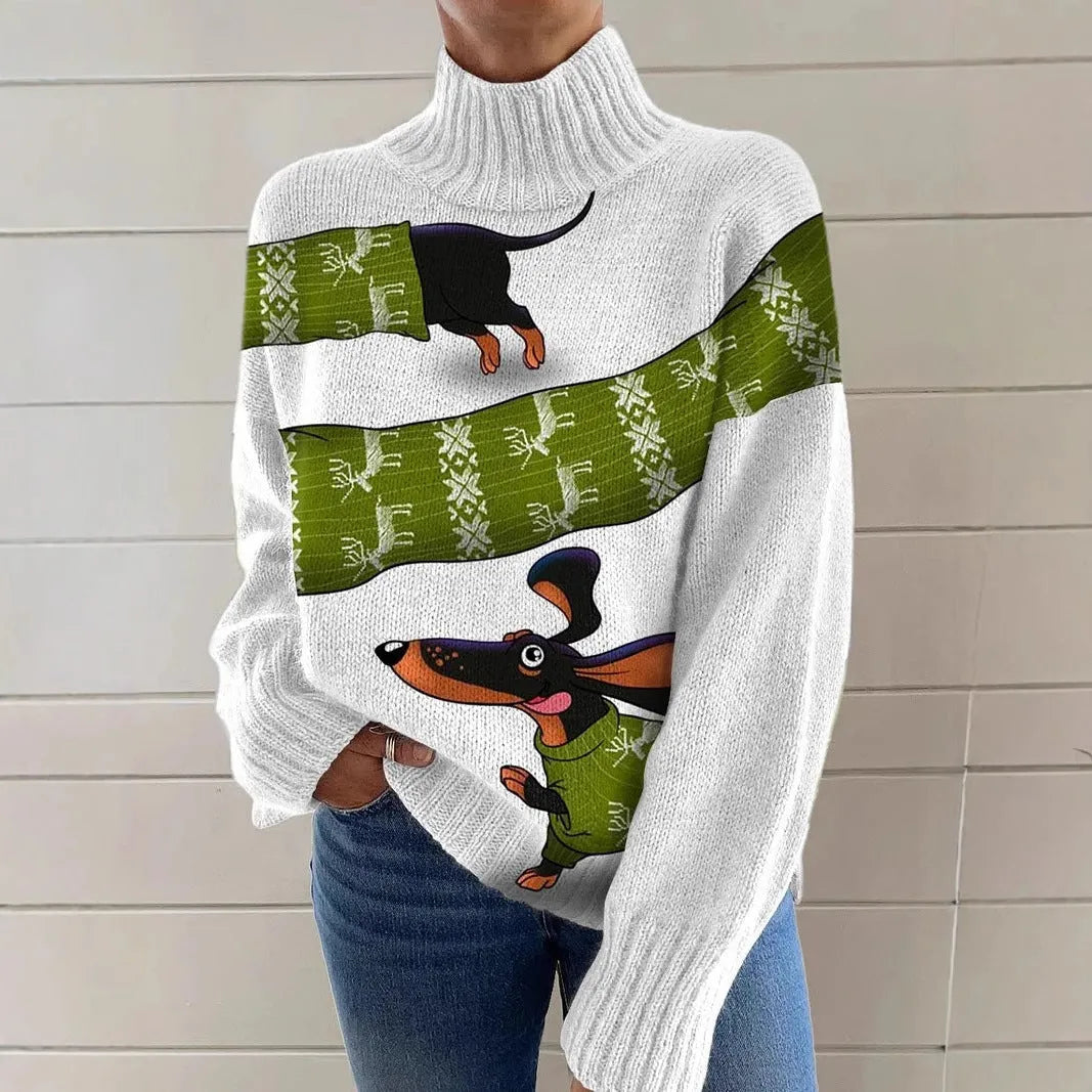 Women's loose-fit Christmas printed turtleneck sweater in macaron colours.
