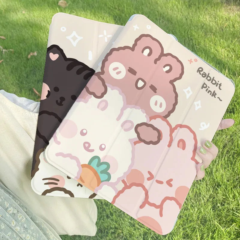 A flat, tri-fold silicone protective case for an iPad, shown in a cartoon rabbit pattern.