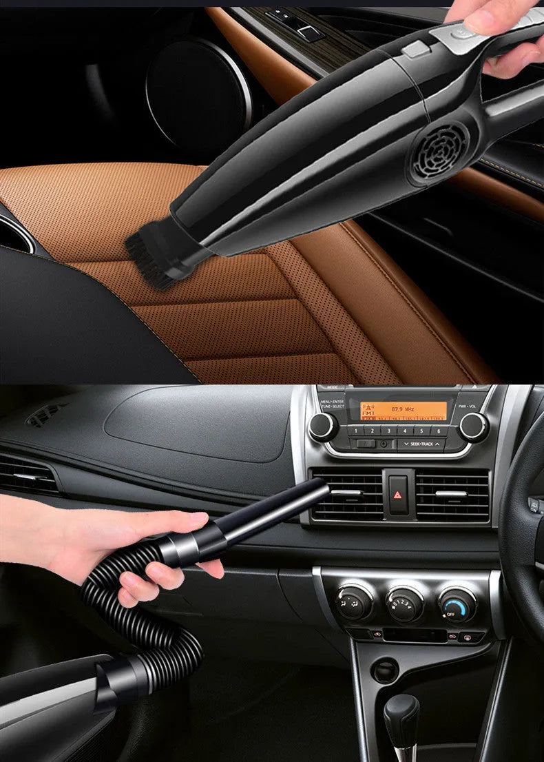 Hypa car vacuum cleaner with cigarette lighter plug and suction hose, black and orange colour options