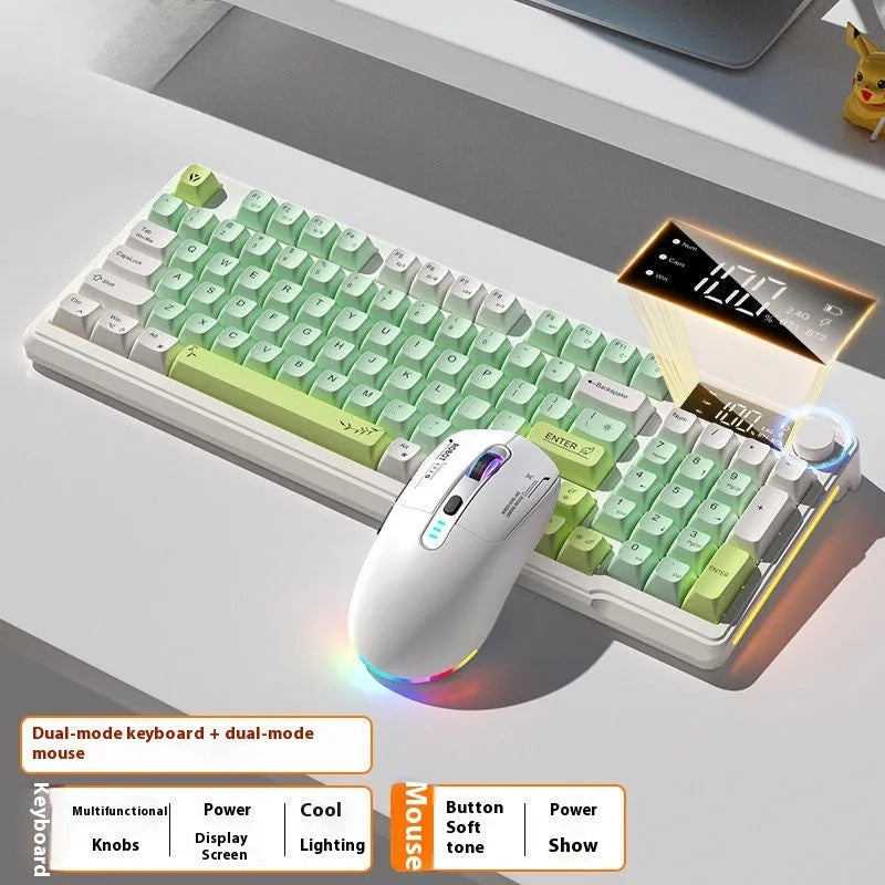 Wireless blue and white mechanical-feel keyboard and mouse on a desk with Type-C cable.
