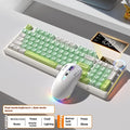 Wireless blue and white mechanical-feel keyboard and mouse on a desk with Type-C cable.