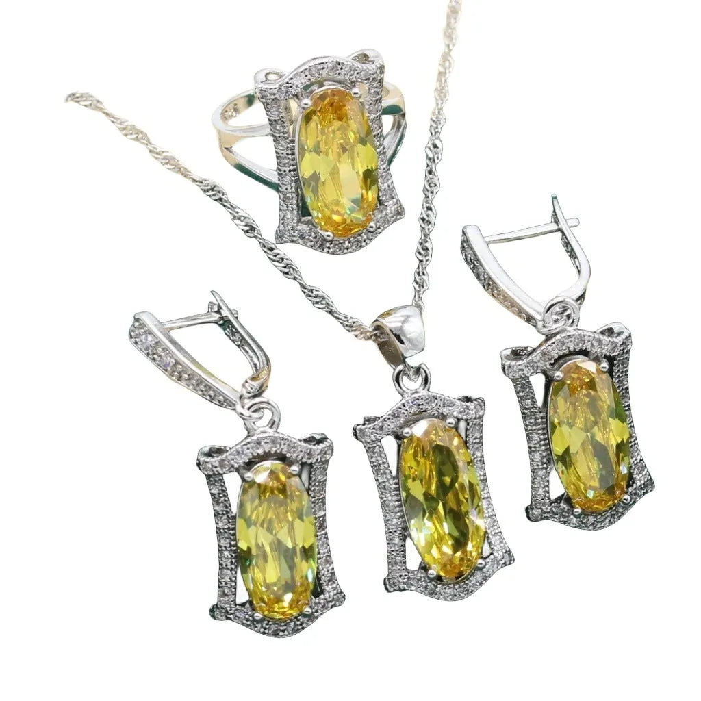 Anti-allergy zircon jewellery suit showing necklace, earrings, ring, and bracelet in olive colour with snake bones chain.