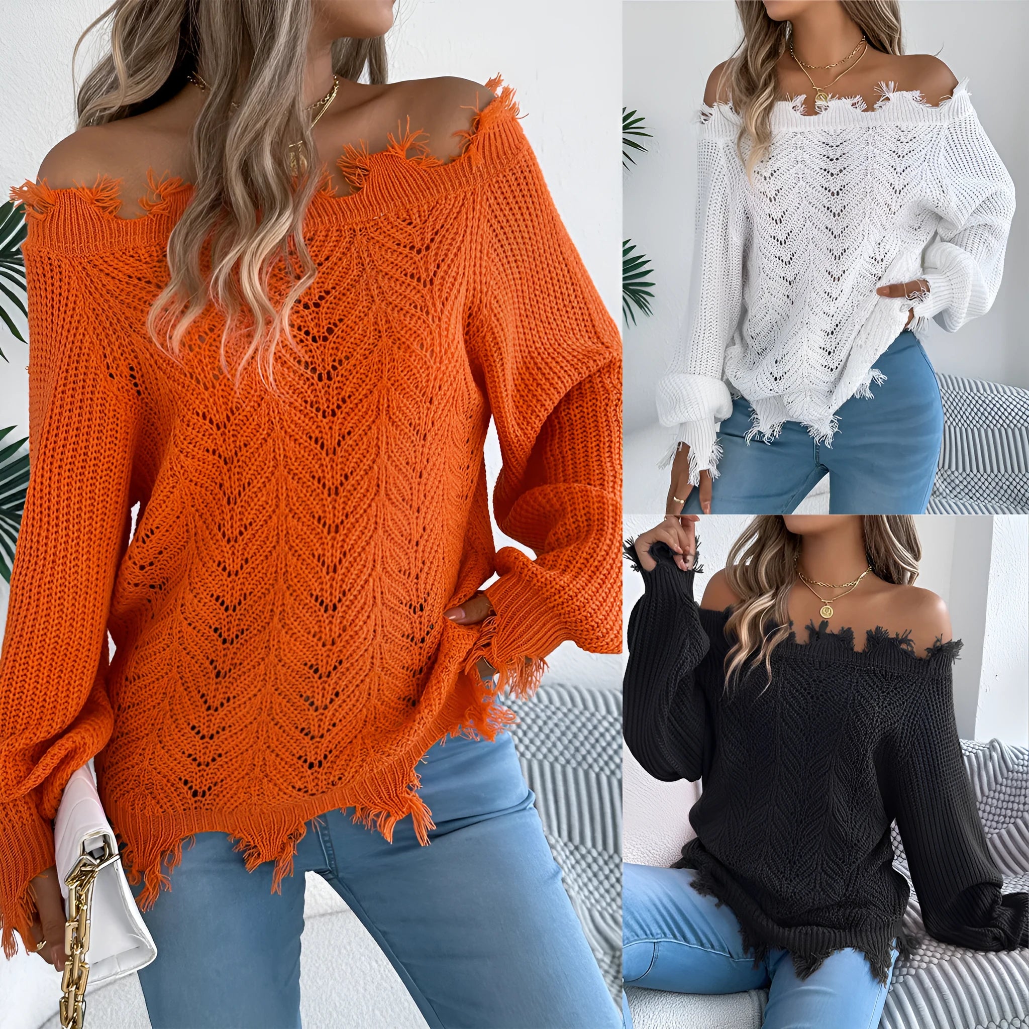 White hollow-out off-the-shoulder acrylic fibre pullover sweater with long sleeves