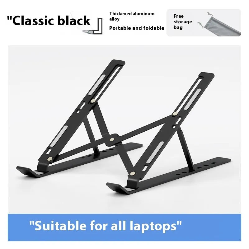 Folding aluminium laptop stand in silver finish showing cooling design for 16-18 inch notebooks