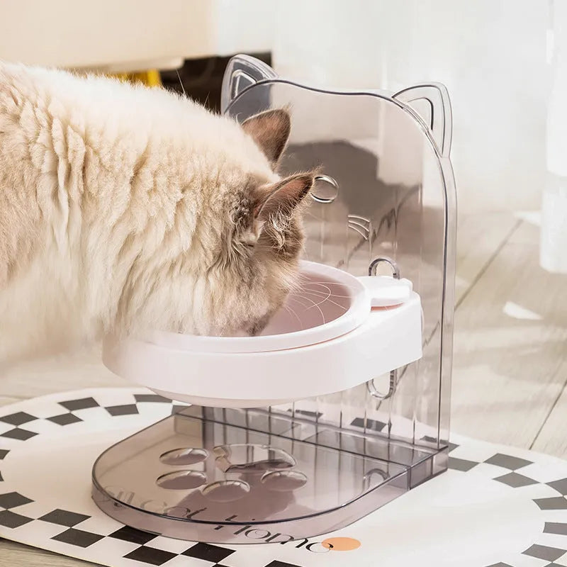 Grey or pink cat ear pet feeding bowl with anti-spill rim and adjustable height mechanism