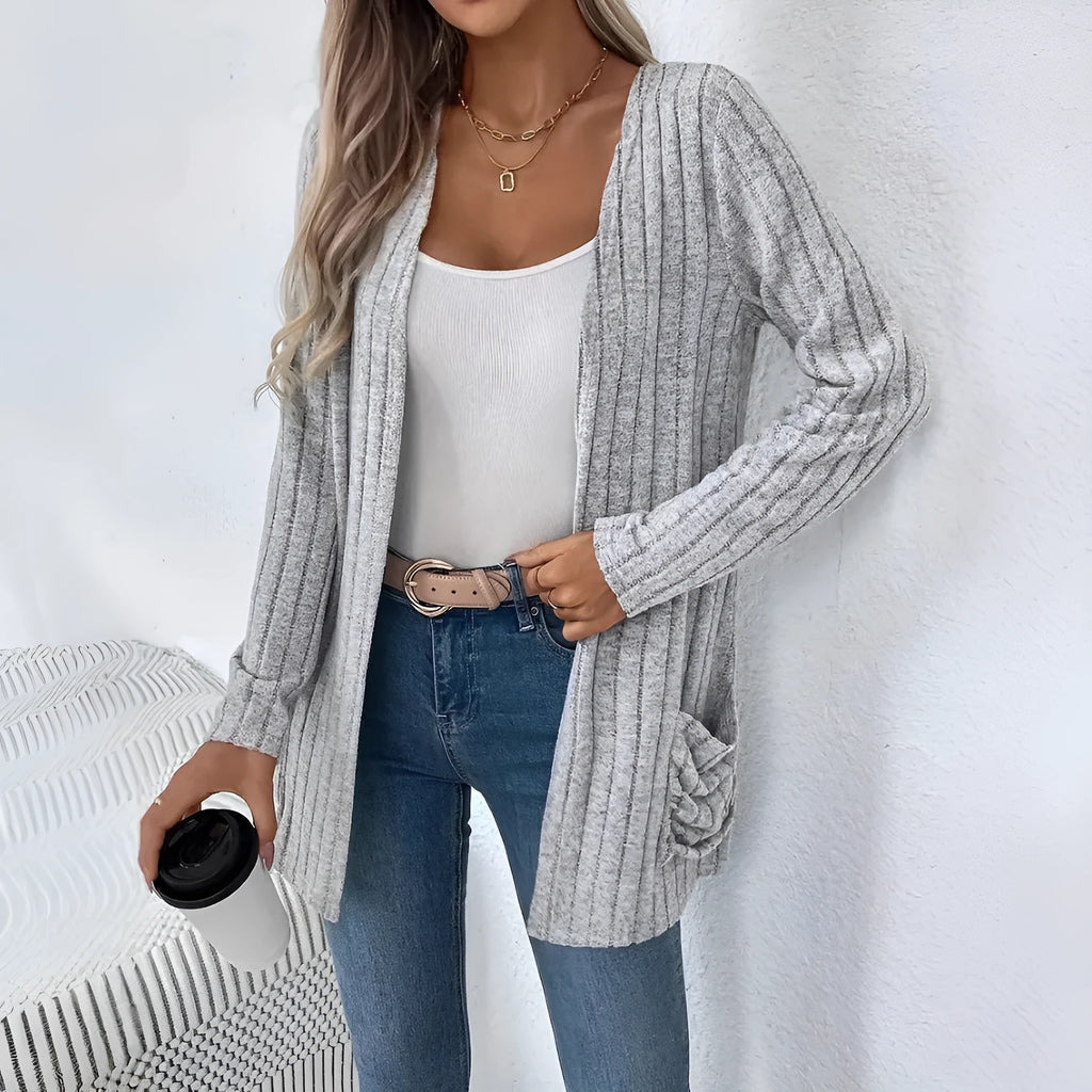 Solid colour loose fitting long sleeve cardigan with front pockets in Grandma grey