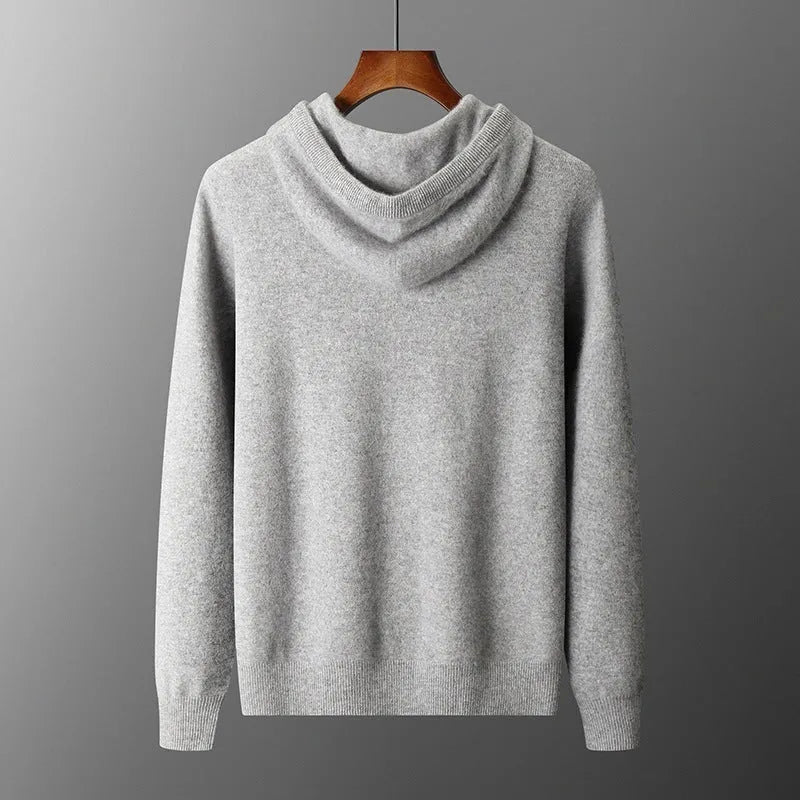 Men's light grey cashmere hooded knit sweatshirt and matching trousers casual winter set.