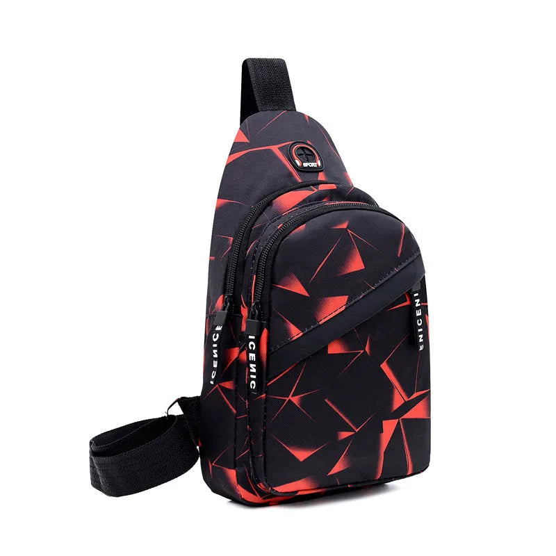 Black Oxford cloth crossbody chest bag for men with a visible earphone hole and zipper.