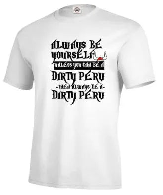 Men's white printed short sleeve T-shirt showing straight cut and casual styling