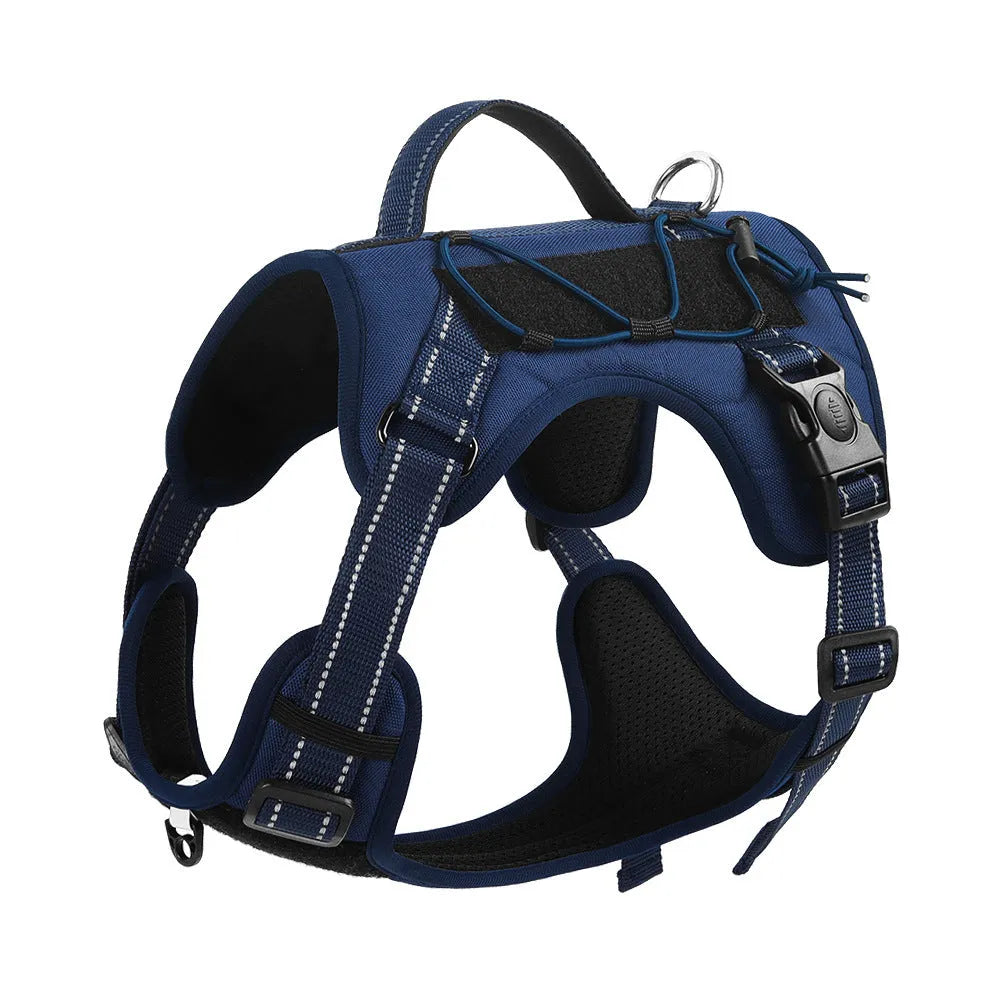 Orange reflective dog harness with an integrated black hand holding rope leash and explosion-proof breast strap.