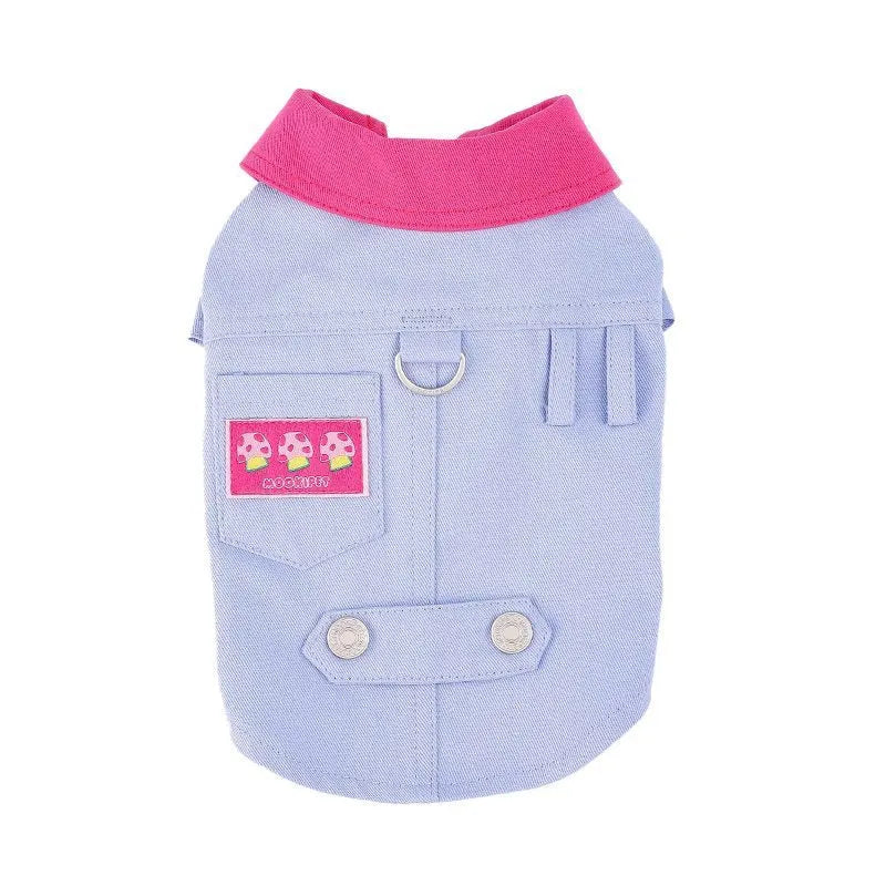 Blue and purple polyester dog vest with integrated traction rope ring for small dogs