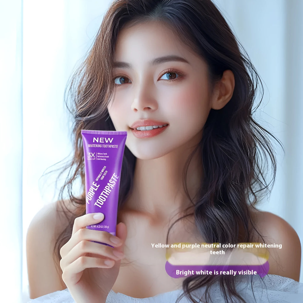 Purple whitening toothpaste tube in 120g and 65g sizes for stain removal and cavity protection