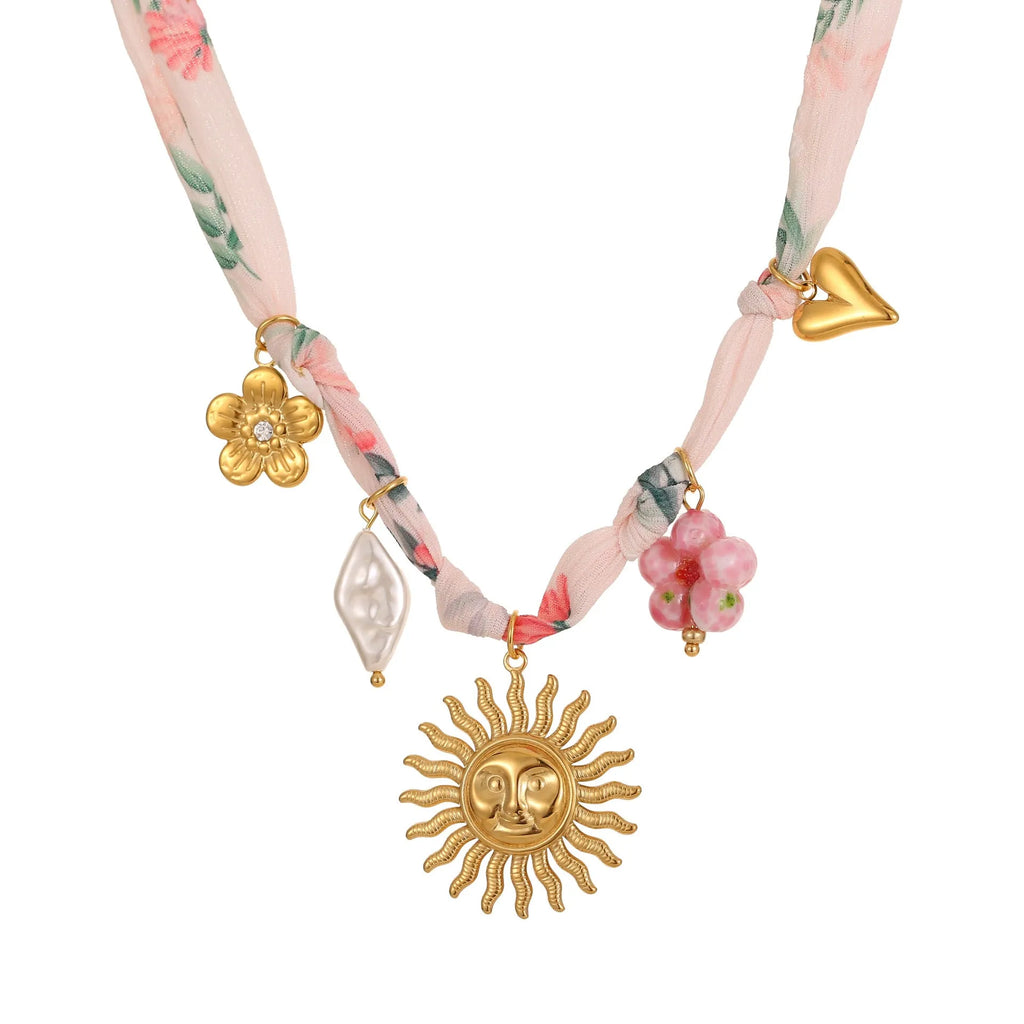 Stainless steel necklace with geometric sun pendant on adjustable 41-50 cm chain, electroplated 18K gold finish