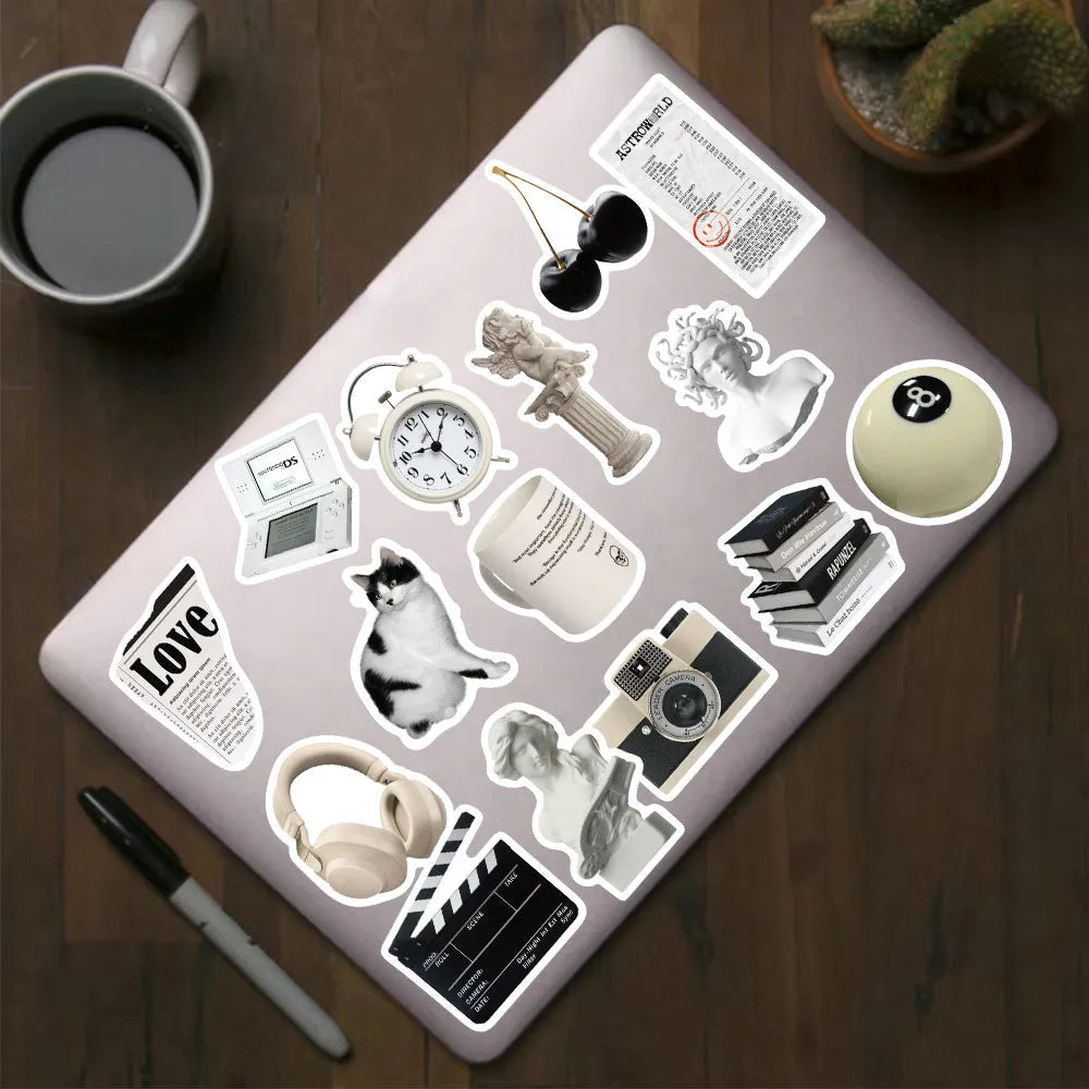Black and white PVC waterproof sticker set with 61 painting designs for laptops and phones