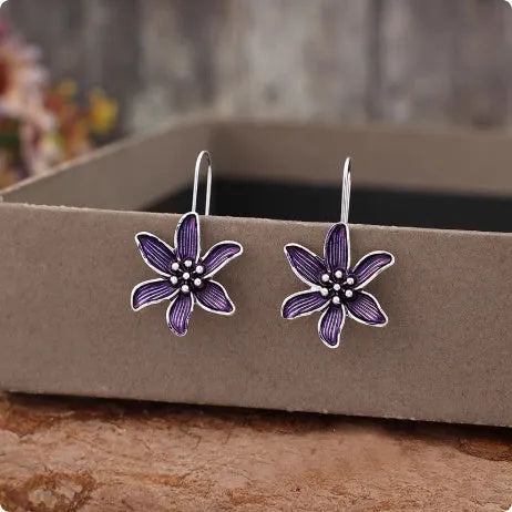 Purple flower-shaped alloy earrings with retro design and electroplated finish