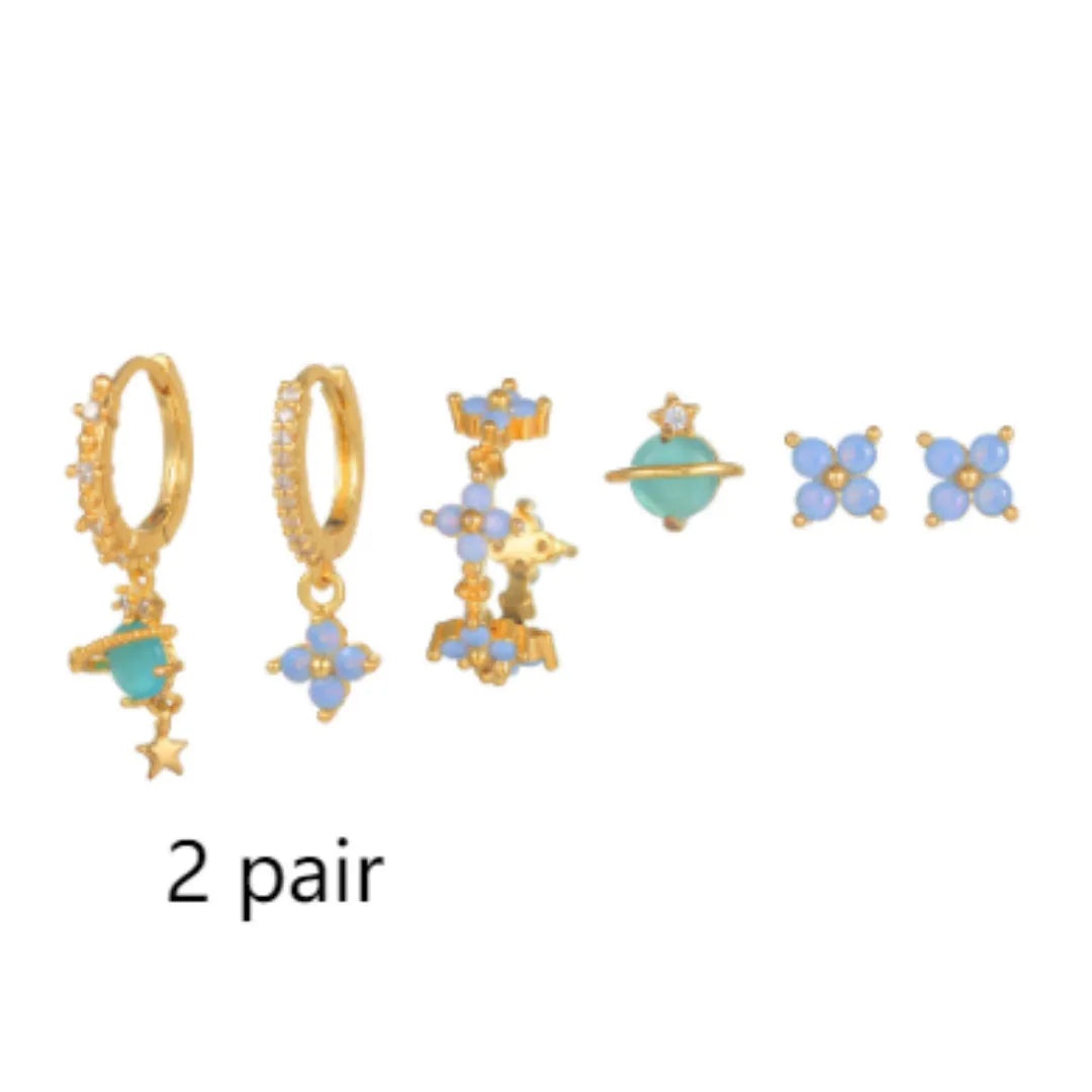 Flower-shaped ear studs with protein nail and zircon mosaic details in gold or silver Japanese Korean style