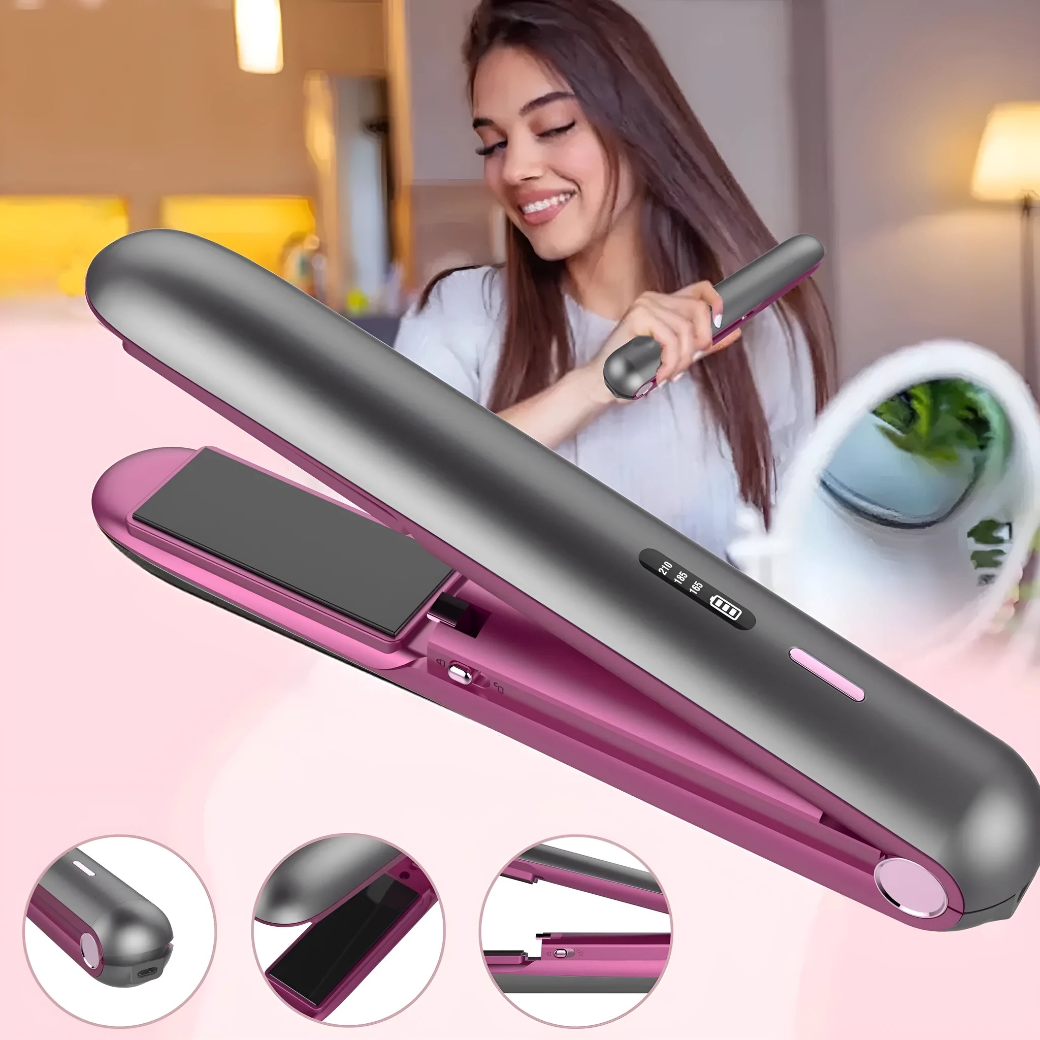 Moon Shadow Gray wireless hair straightener with ceramic plates and temperature control