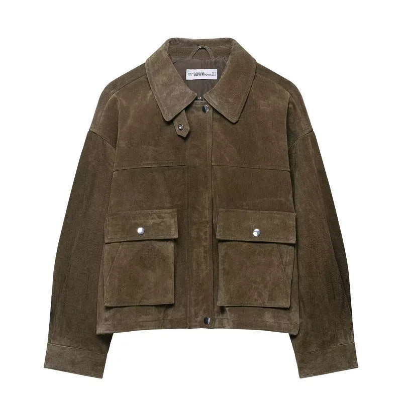 Women's regular fit PU leather jacket in a Japanese Korean casual style, shown in picture colour.