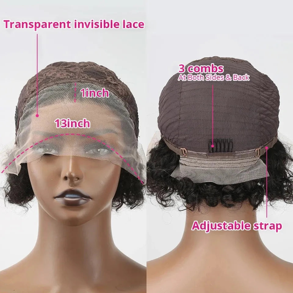Natural black human hair pixie wig with lace cover in 13x1 colour