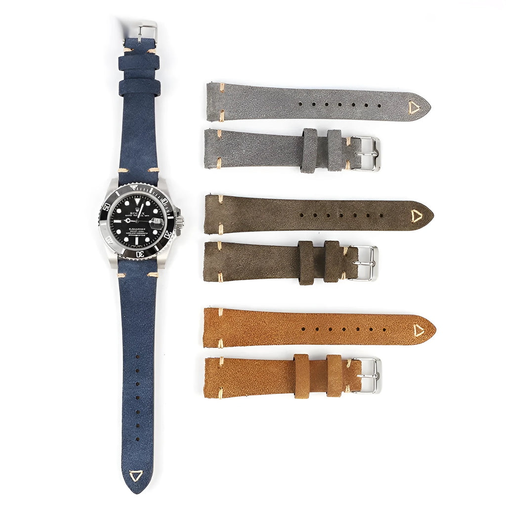 Suede genuine leather watch strap shown in brown, blue, grey, and Army Green colours for 20mm and 22mm watches.